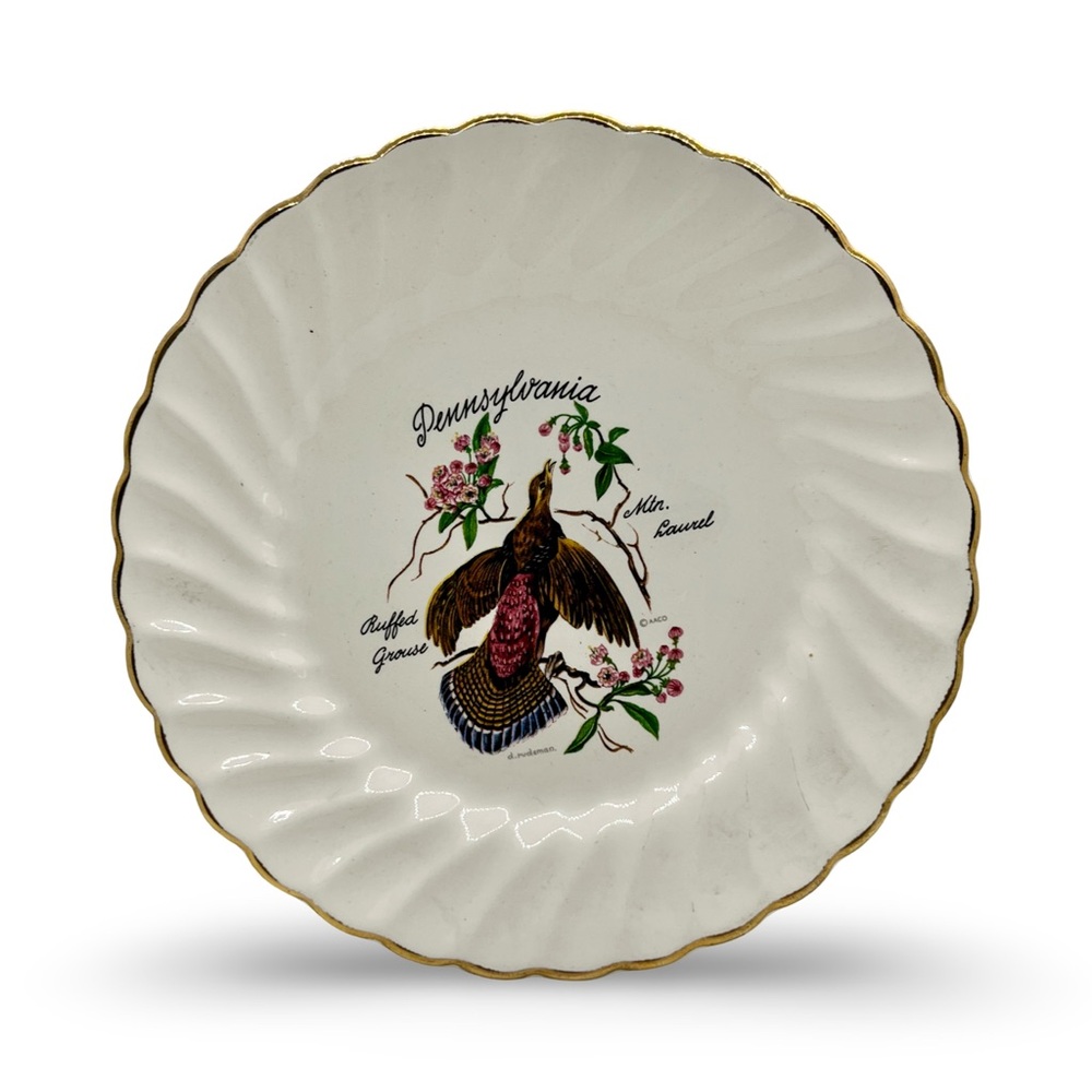 Pennsylvania State Bird & State Flower Decorative Vintage Plate with Gold Trim